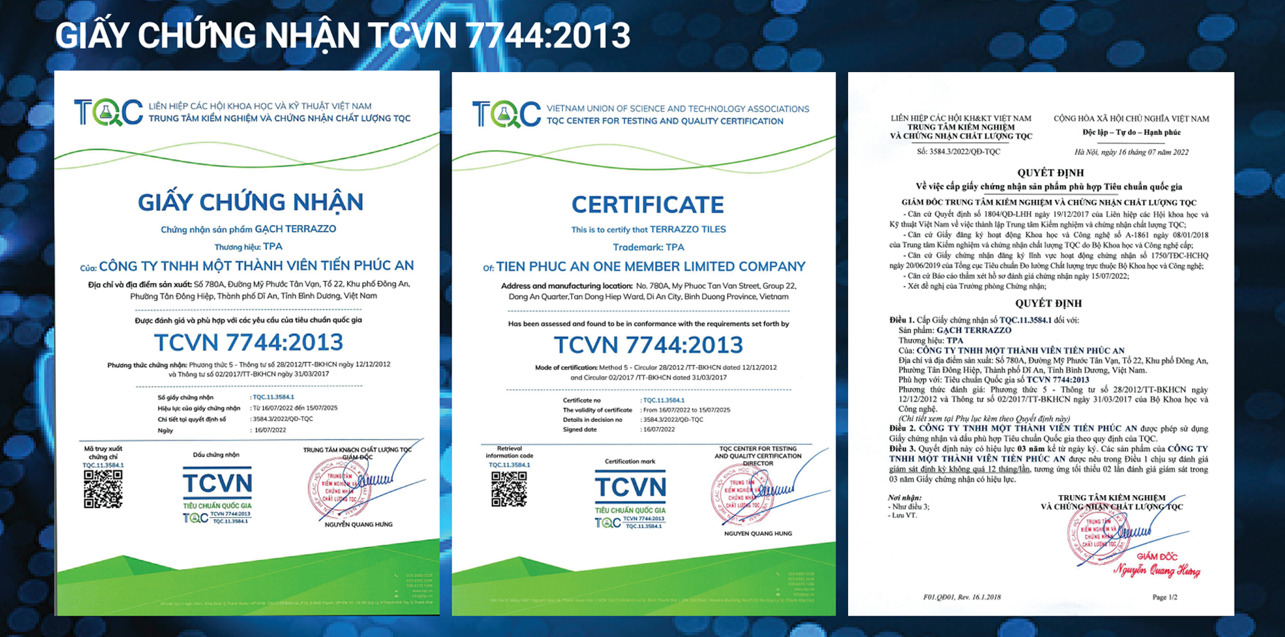 Giấy chứng nhận TCVN 7744:2013 - Gạch Tiến Phúc An - Công Ty TNHH Một Thành Viên Tiến Phúc An